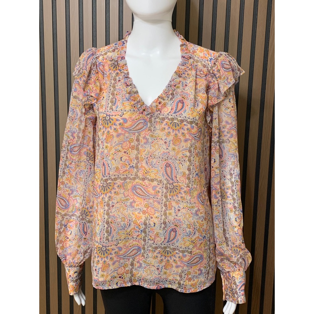 Maison d'Amelie Paris Women's Pink Orange Paisley Ruffle V-Neck Blouse L